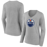 Edmonton Oilers Women's Primary Logo Team Long Sleeve V-Neck T-Shirt - Heather Gray | NHL Lifestyle