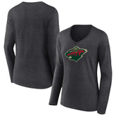 Minnesota Wild Women's Primary Team Logo Long Sleeve V-Neck T-Shirt - Heather Charcoal | NHL Clearance