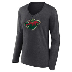 Minnesota Wild Women's Primary Team Logo Long Sleeve V-Neck T-Shirt - Heather Charcoal | NHL Clearance