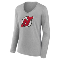 New Jersey Devils Women's Primary Logo Team Long Sleeve V-Neck T-Shirt - Heather Gray | NHL discount