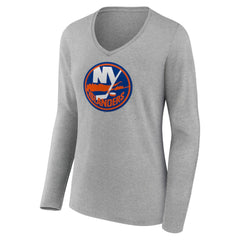 New York Islanders Women's Primary Logo Team Long Sleeve V-Neck T-Shirt - Heather Gray | NHL near me