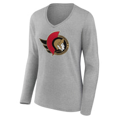 Ottawa Senators Women's Primary Logo Team Long Sleeve V-Neck T-Shirt - Heather Gray | NHL Clearance