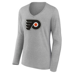 Philadelphia Flyers Women's Primary Logo Team Long Sleeve V-Neck T-Shirt - Heather Gray | NHL Clearance