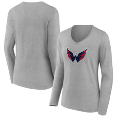 Washington Capitals Women's Primary Logo Team Long Sleeve V-Neck T-Shirt - Heather Gray | NHL near me