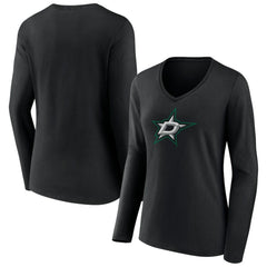 Dallas Stars Women's Primary Team Logo Long Sleeve V-Neck T-Shirt - Black | NHL Lifestyle