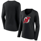 New Jersey Devils Women's Primary Team Logo Long Sleeve V-Neck T-Shirt - Black | NHL online