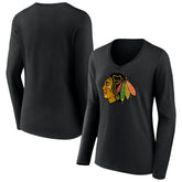 Chicago Blackhawks Women's Primary Team Logo Long Sleeve V-Neck T-Shirt - Black | NHL sale