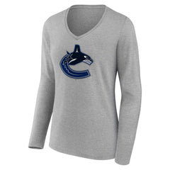 Vancouver Canucks Women's Primary Logo Team Long Sleeve V-Neck T-Shirt - Heather Gray | NHL near me