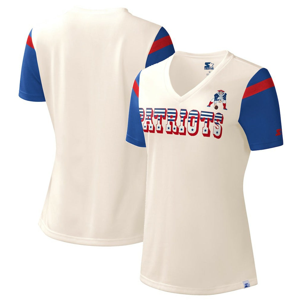New England Patriots Starter Women's Kick Start V-Neck T-Shirt - Cream - NFL