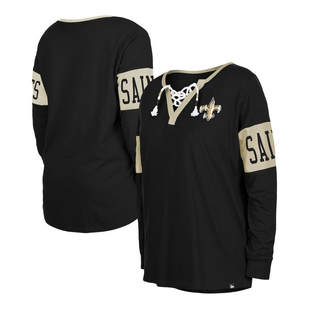 New Orleans Saints New Era Women's Lace-Up Notch Neck Long Sleeve T-Shirt - Black - NFL