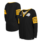 Pittsburgh Steelers New Era Women's Lace-Up Notch Neck Long Sleeve T-Shirt - Black - NFL