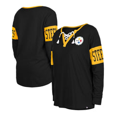 Pittsburgh Steelers New Era Women's Lace-Up Notch Neck Long Sleeve T-Shirt - Black - NFL