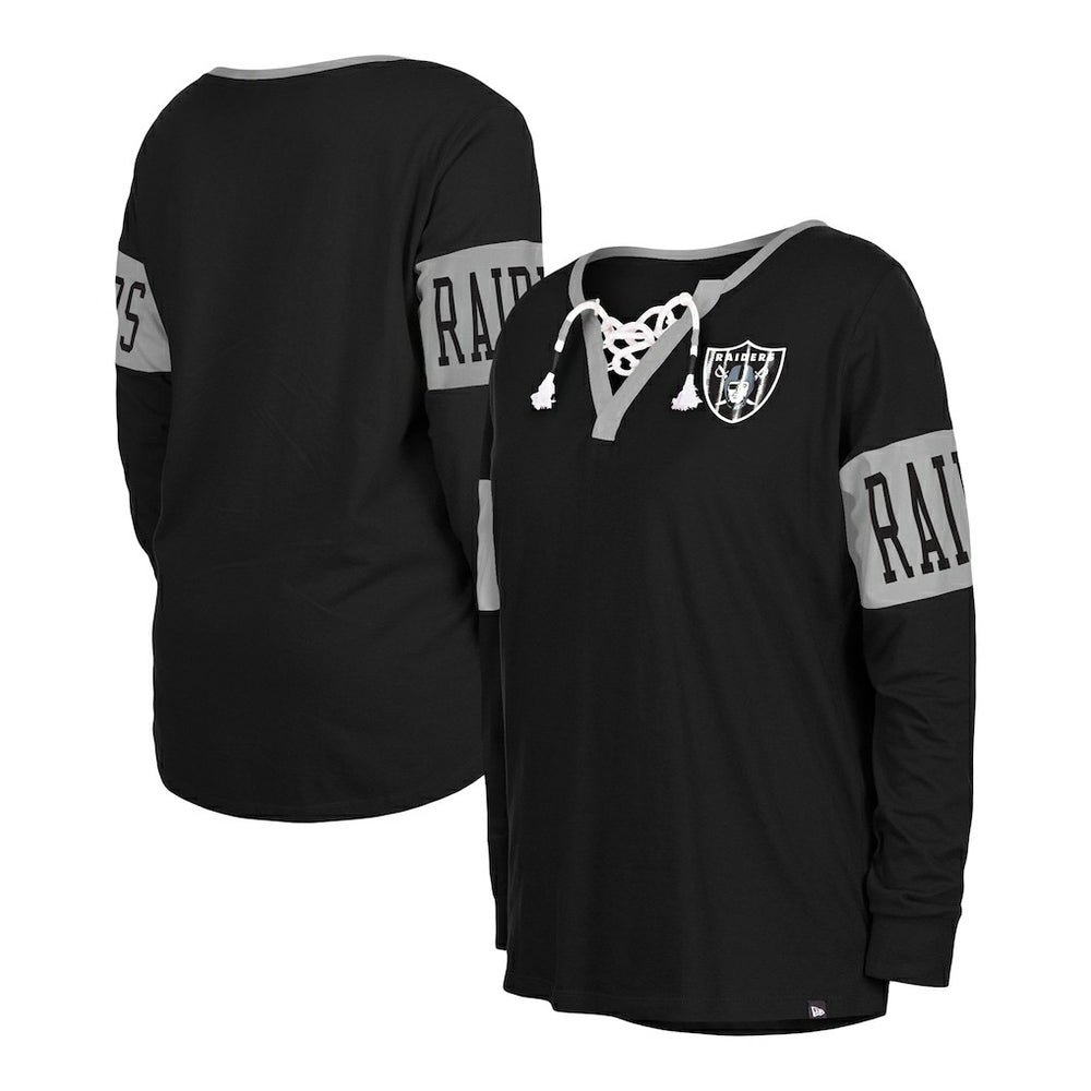 Las Vegas Raiders New Era Women's Lace-Up Notch Neck Long Sleeve T-Shirt - Black - NFL