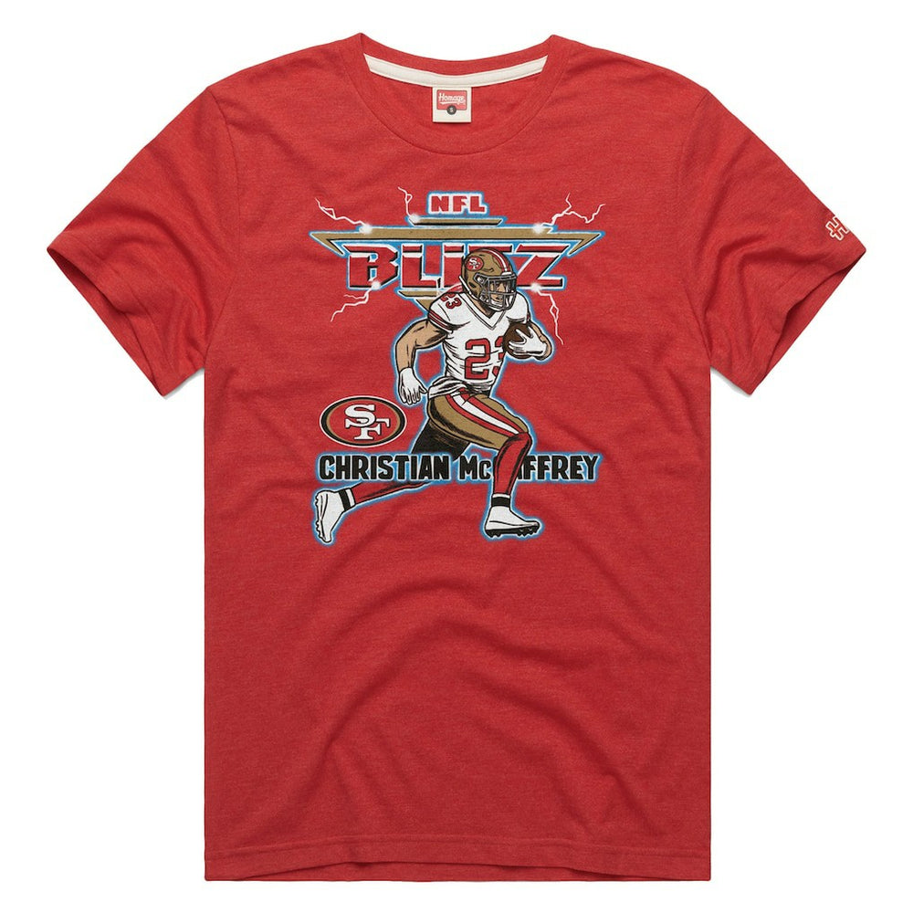 Christian McCaffrey San Francisco 49ers Homage Unisex NFL Blitz Player Tri-Blend T-Shirt - Heathered Scarlet - NFL