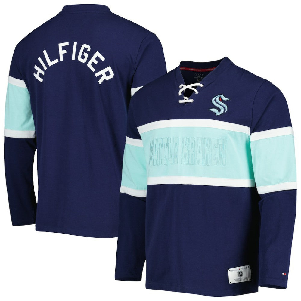 Seattle Kraken Tommy Hilfiger Walter Lace-Up Long Sleeve Top - Deep Sea Blue | NHL Lifestyle