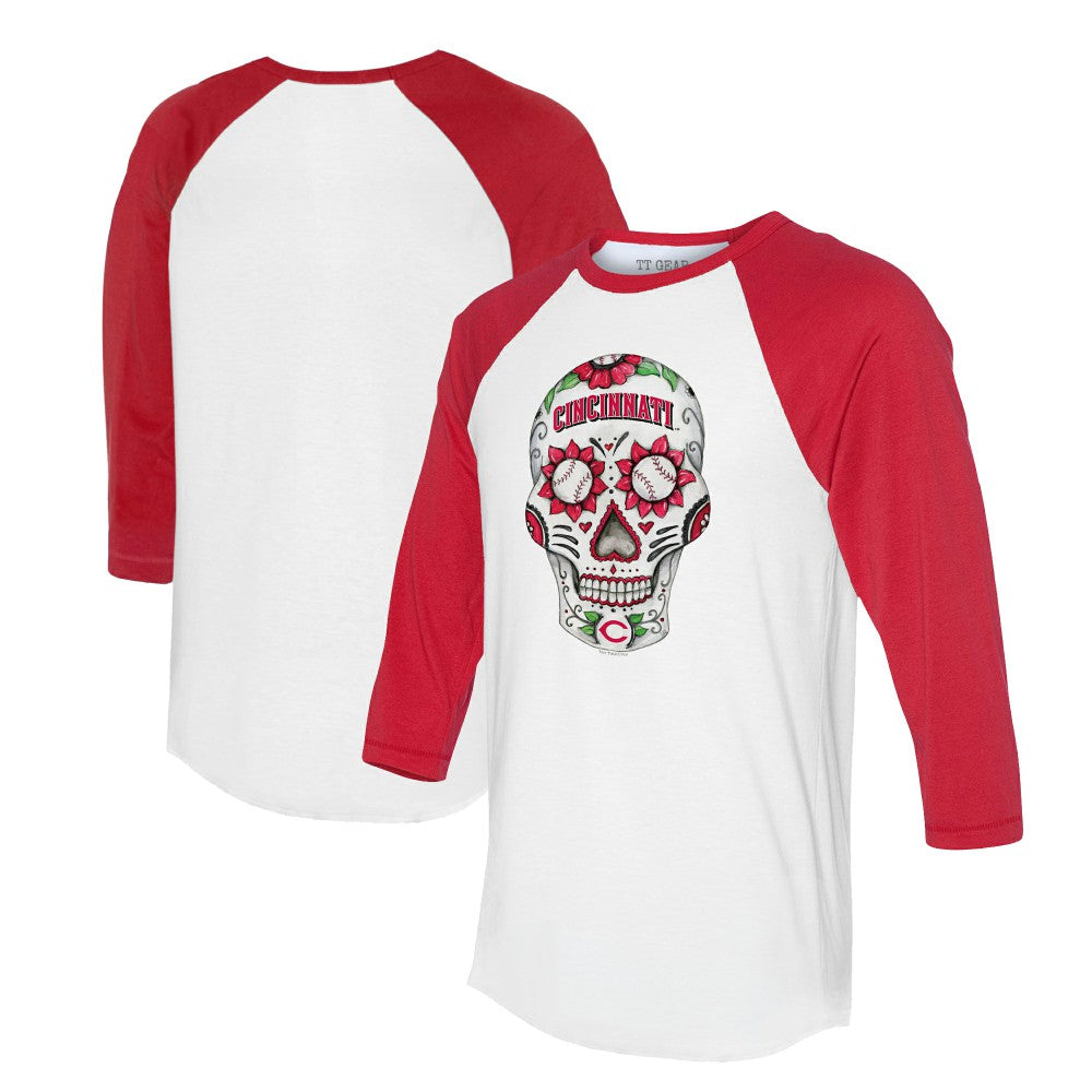 Cincinnati Reds Tiny Turnip Unisex Sugar Skull 3/4-Sleeve Raglan T-Shirt Sale