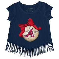 Atlanta Braves Tiny Turnip Girls Youth Baseball Bow Fringe T-Shirt Near Me