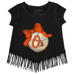 Baltimore Orioles Tiny Turnip Girls Youth Baseball Bow Fringe T-Shirt for sale