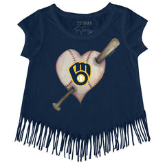 Milwaukee Brewers Tiny Turnip Girls Youth Heart Bat Fringe T-Shirt Discount