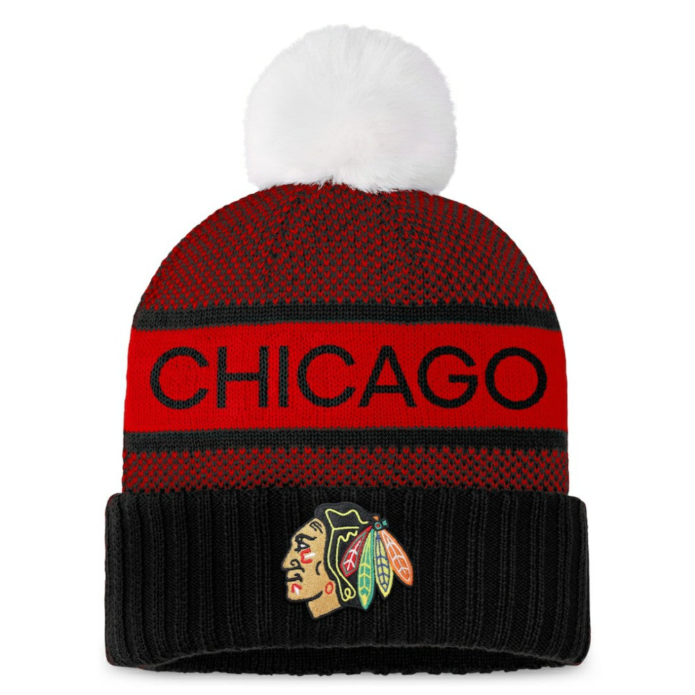 Chicago Blackhawks Fanatics Women's Authentic Pro Rink Cuffed Knit Hat with Pom - Black/Red | Fanatics Clearance