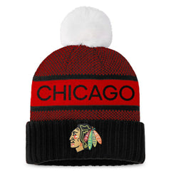 Chicago Blackhawks Fanatics Women's Authentic Pro Rink Cuffed Knit Hat with Pom - Black/Red | Fanatics Clearance