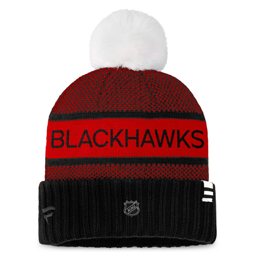 Chicago Blackhawks Fanatics Women's Authentic Pro Rink Cuffed Knit Hat with Pom - Black/Red | Fanatics Clearance