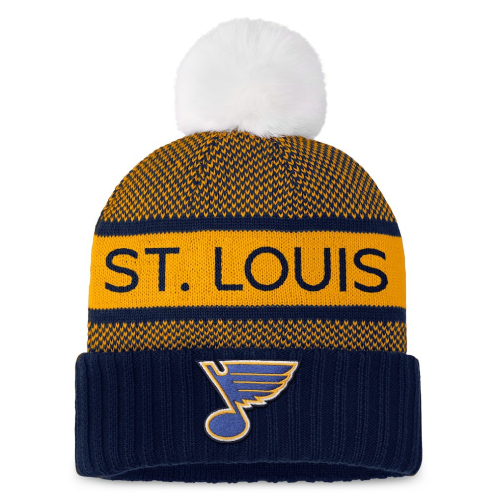 St. Louis Blues Fanatics Women's Authentic Pro Rink Cuffed Knit Hat with Pom - Navy/Gold | Fanatics sale