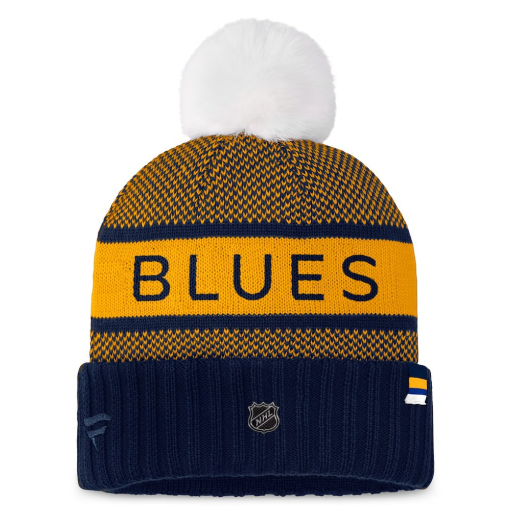 St. Louis Blues Fanatics Women's Authentic Pro Rink Cuffed Knit Hat with Pom - Navy/Gold | Fanatics sale