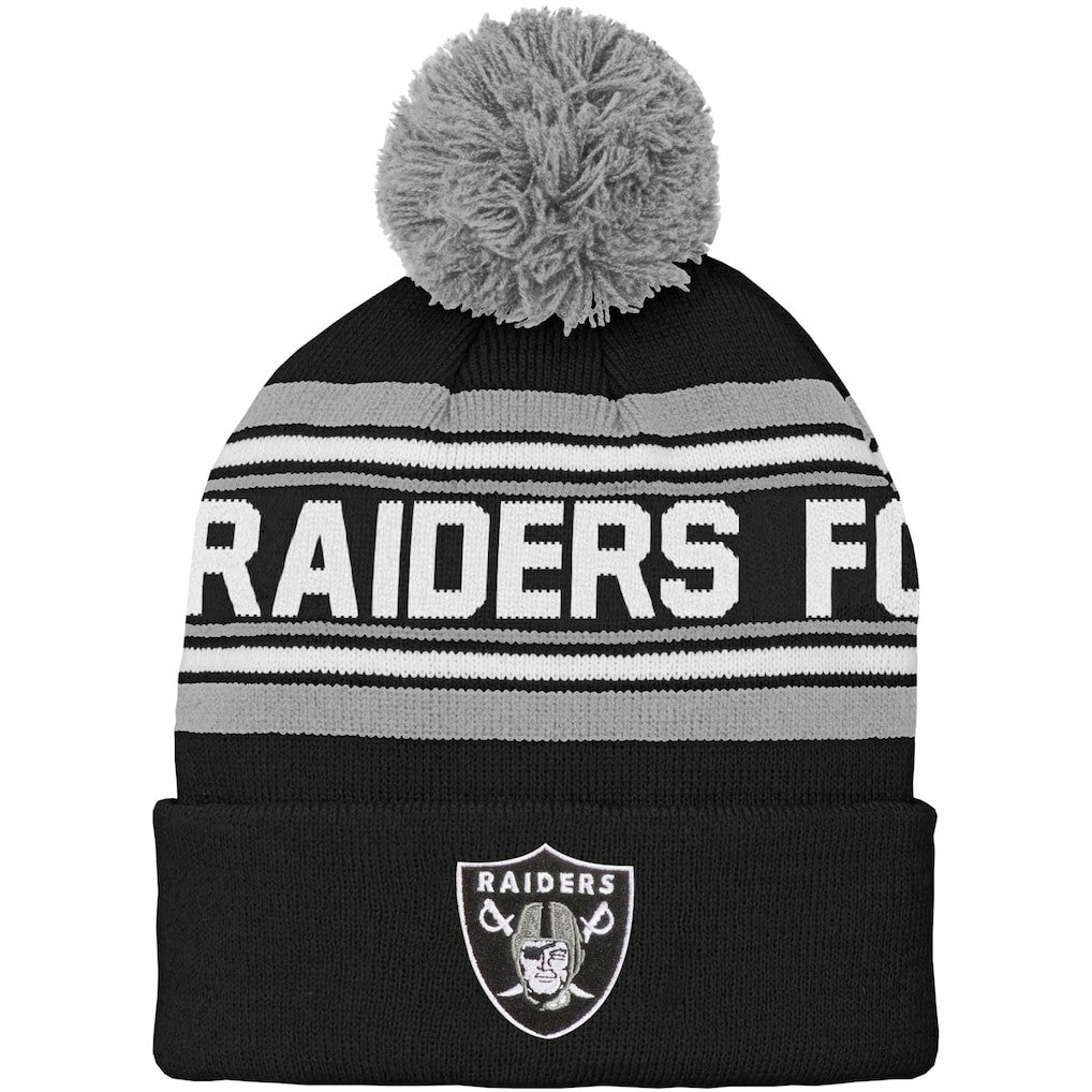 Las Vegas Raiders Youth Jacquard Cuffed Knit Hat with Pom - Black - NFL