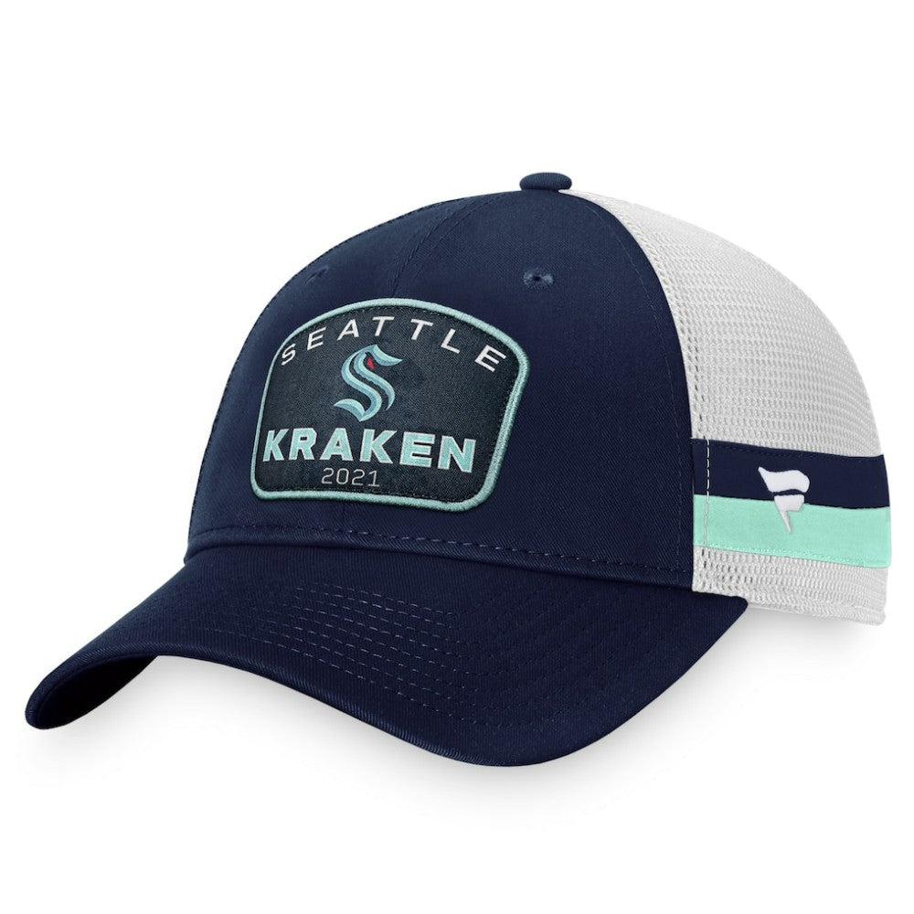 Seattle Kraken Fanatics Fundamental Striped Trucker Adjustable Hat - Deep Sea Blue/White | Fanatics online