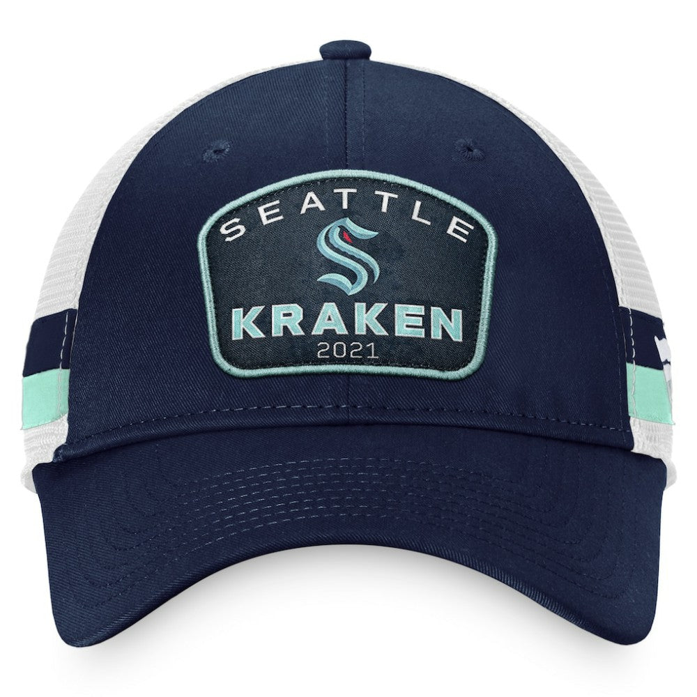 Seattle Kraken Fanatics Fundamental Striped Trucker Adjustable Hat - Deep Sea Blue/White | Fanatics online