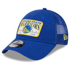 New Era Golden State Warriors Plate Oversized Patch Trucker 9FORTY Adjustable Hat Royal