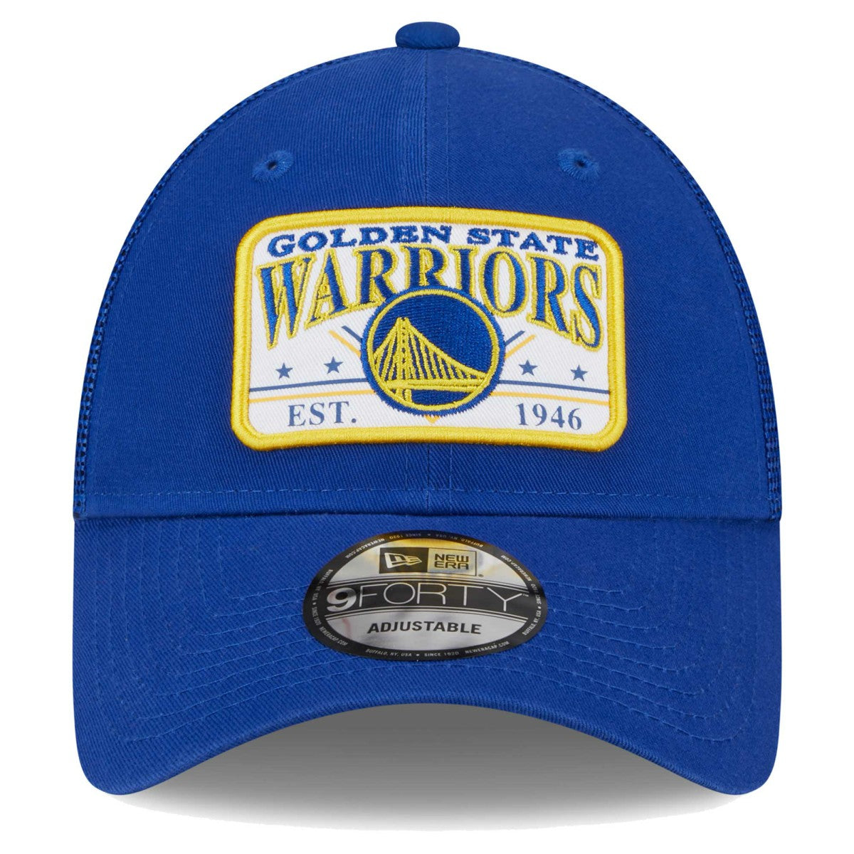 New Era Golden State Warriors Plate Oversized Patch Trucker 9FORTY Adjustable Hat Royal