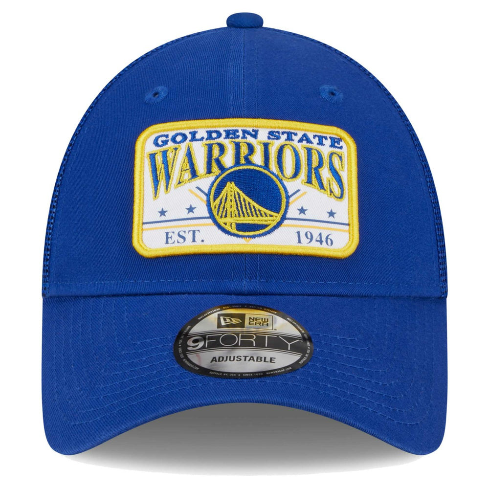 New Era Golden State Warriors Plate Oversized Patch Trucker 9FORTY Adjustable Hat Royal