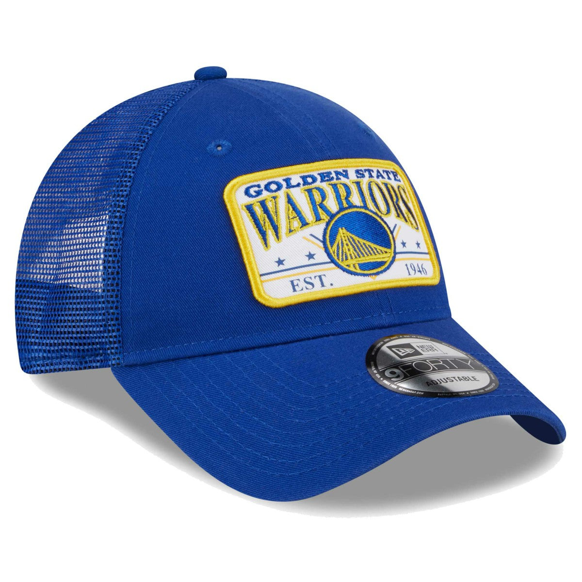 New Era Golden State Warriors Plate Oversized Patch Trucker 9FORTY Adjustable Hat Royal