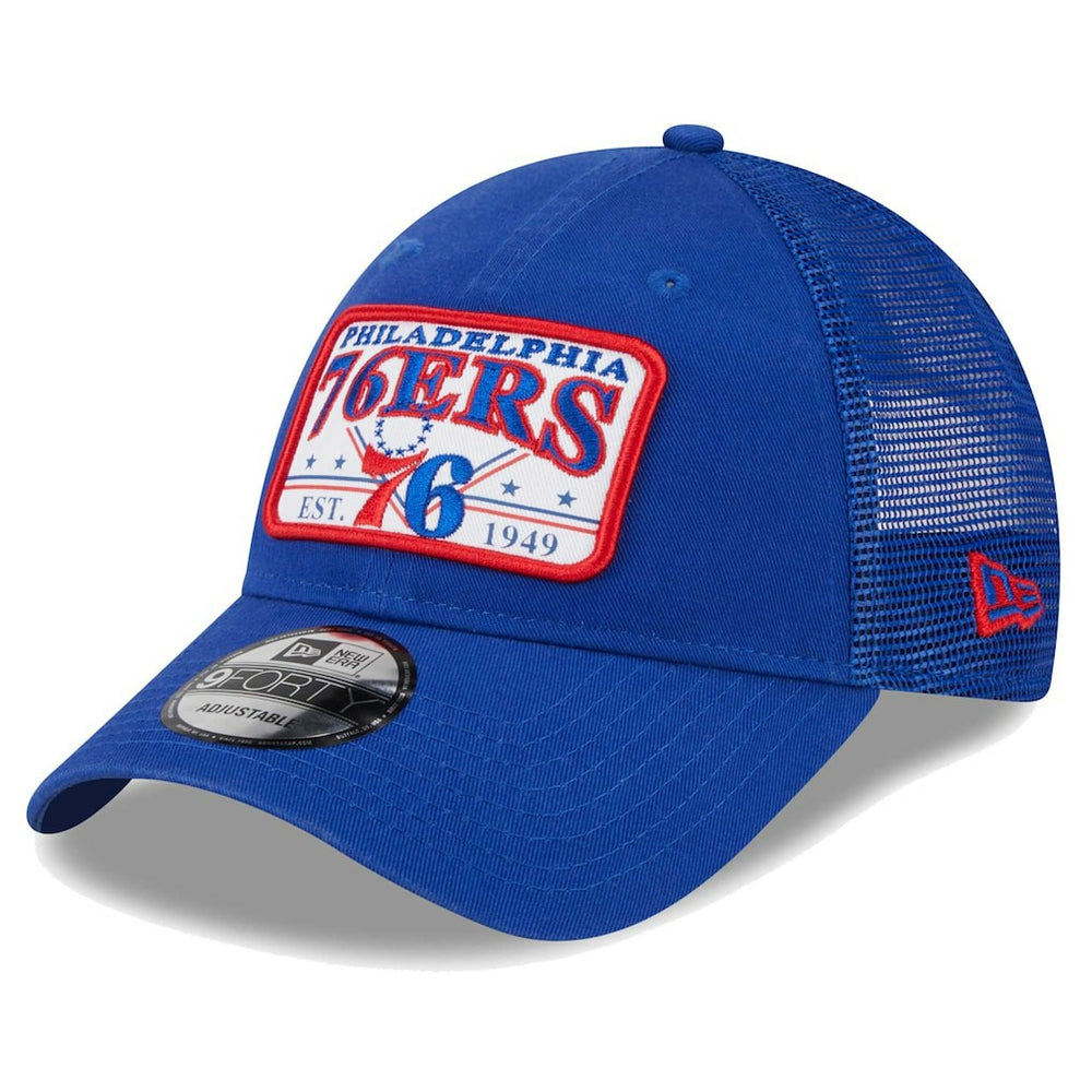 New Era Philadelphia 76ers Plate Oversized Patch Trucker 9FORTY Adjustable Hat Royal