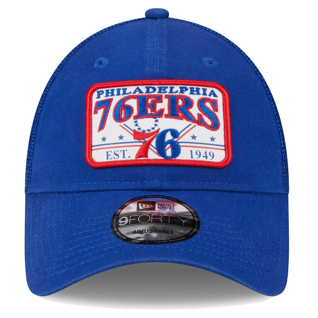 New Era Philadelphia 76ers Plate Oversized Patch Trucker 9FORTY Adjustable Hat Royal