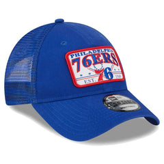 New Era Philadelphia 76ers Plate Oversized Patch Trucker 9FORTY Adjustable Hat Royal