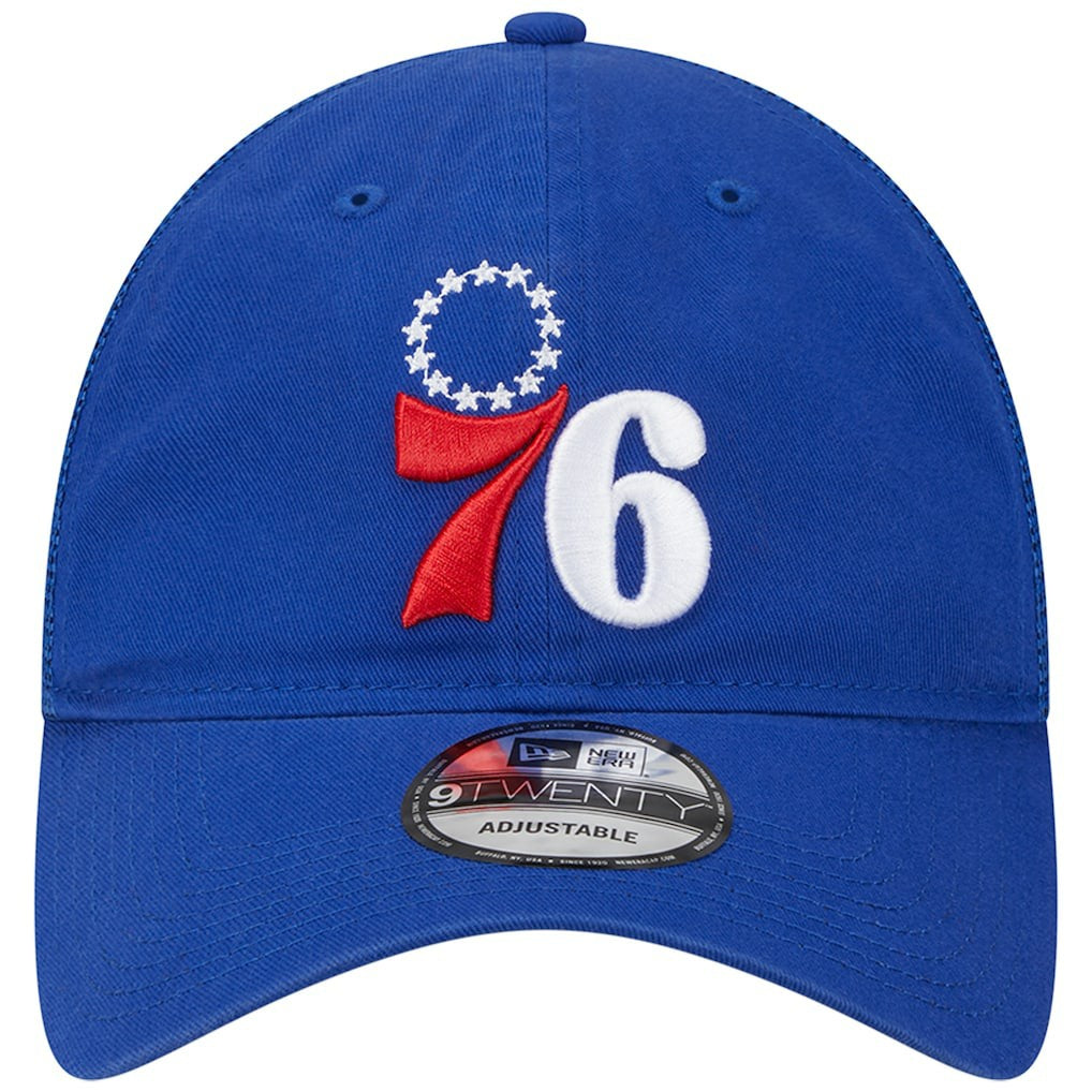 New Era Philadelphia 76ers Distinct Side Patch Trucker 9TWENTY Adjustable Hat Royal