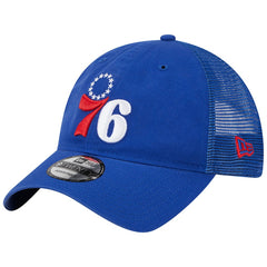 New Era Philadelphia 76ers Distinct Side Patch Trucker 9TWENTY Adjustable Hat Royal