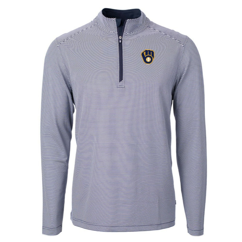 Milwaukee Brewers Cutter & Buck Virtue Eco Pique Micro Stripe Recycled Quarter-Zip Pullover Top for sale