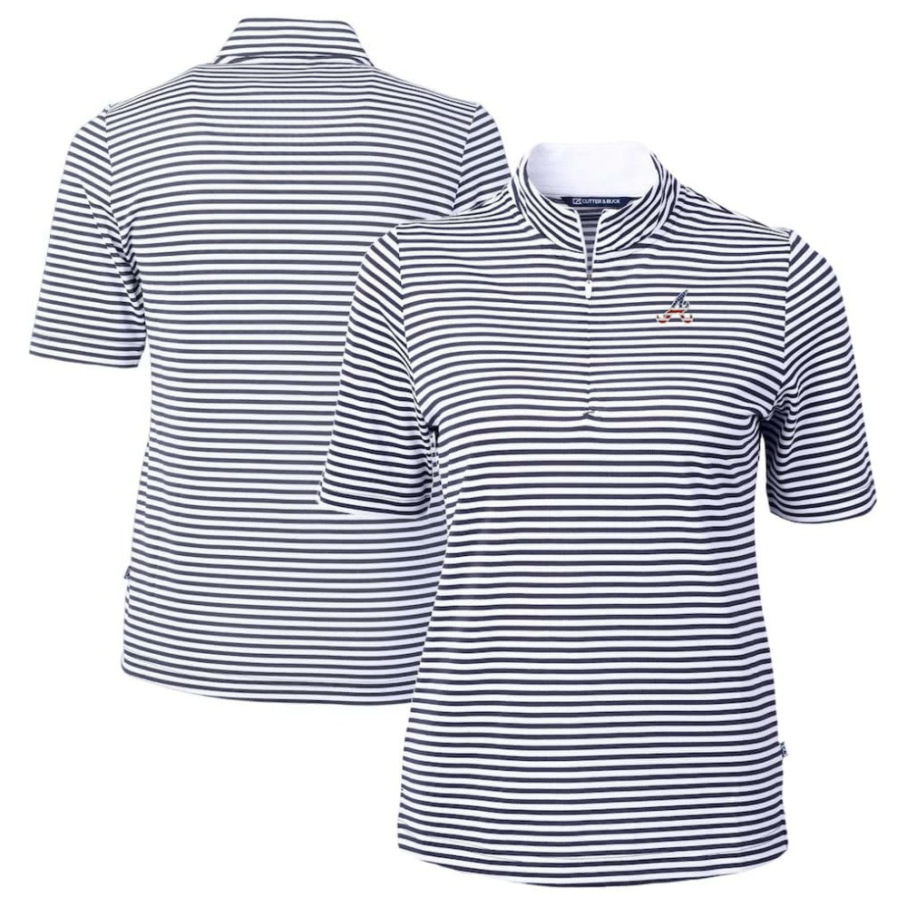 Atlanta Braves Cutter & Buck Women's Virtue Eco Pique Stripe Recycled Quarter-Zip Pullover Top Outlet