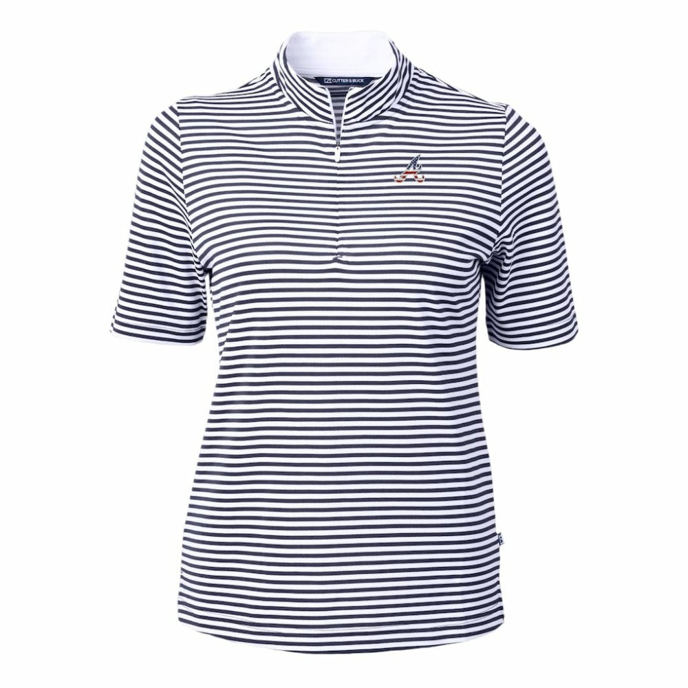 Atlanta Braves Cutter & Buck Women's Virtue Eco Pique Stripe Recycled Quarter-Zip Pullover Top Outlet