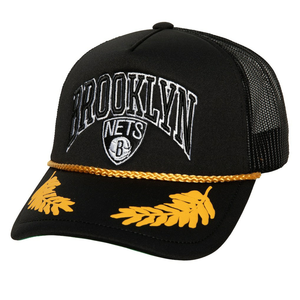 Mitchell & Ness Brooklyn Nets Hardwood Classics Gold Leaf Mesh Trucker Snapback Hat Black