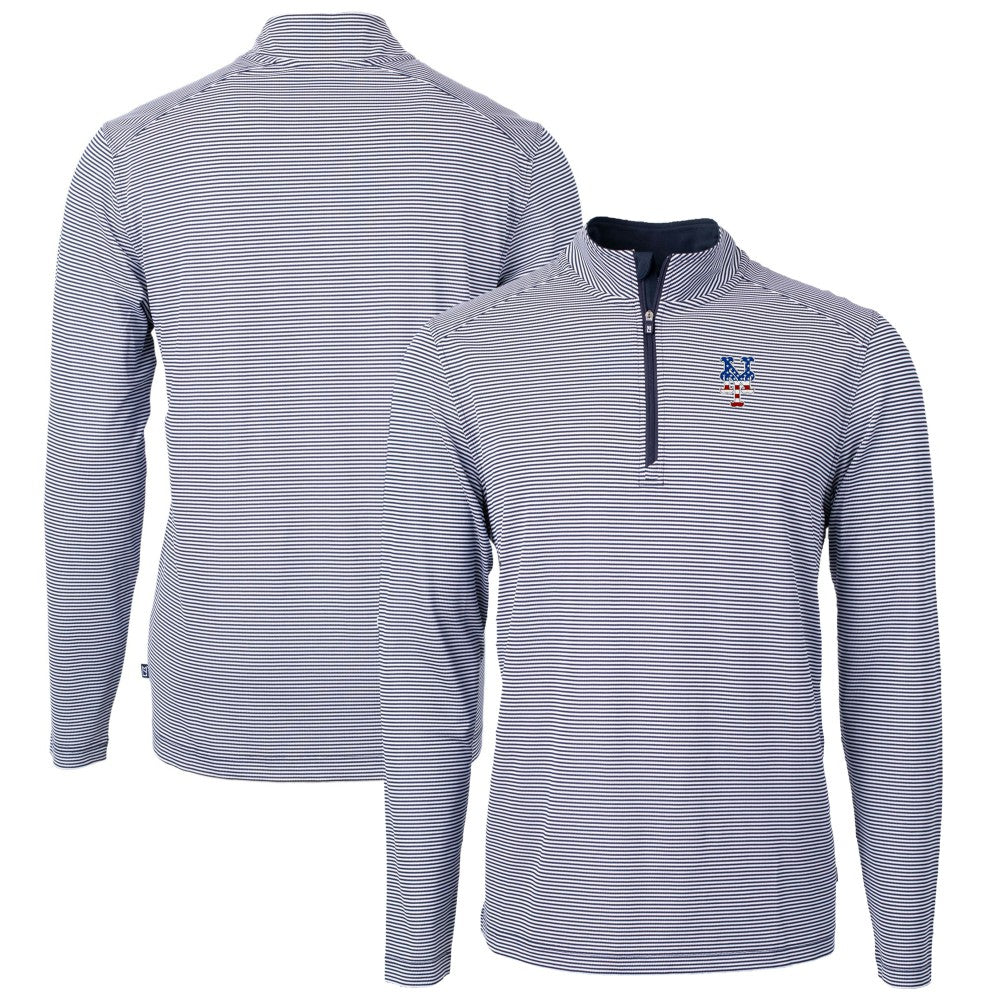 New York Mets Cutter & Buck Americana Logo Virtue Eco Pique Stripe Recycled Quarter-Zip Pullover Top Discount