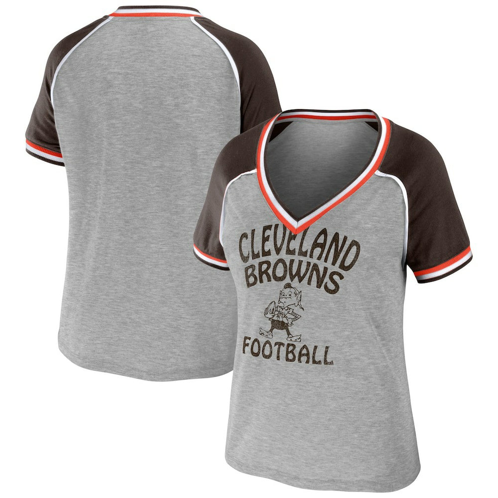 Cleveland Browns WEAR by Erin Andrews Women's Cropped Raglan Throwback V-Neck T-Shirt - Heather Gray - NFL