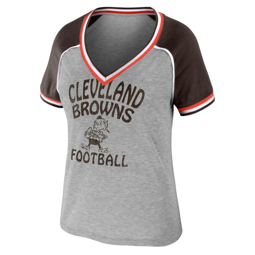 Cleveland Browns WEAR by Erin Andrews Women's Cropped Raglan Throwback V-Neck T-Shirt - Heather Gray - NFL