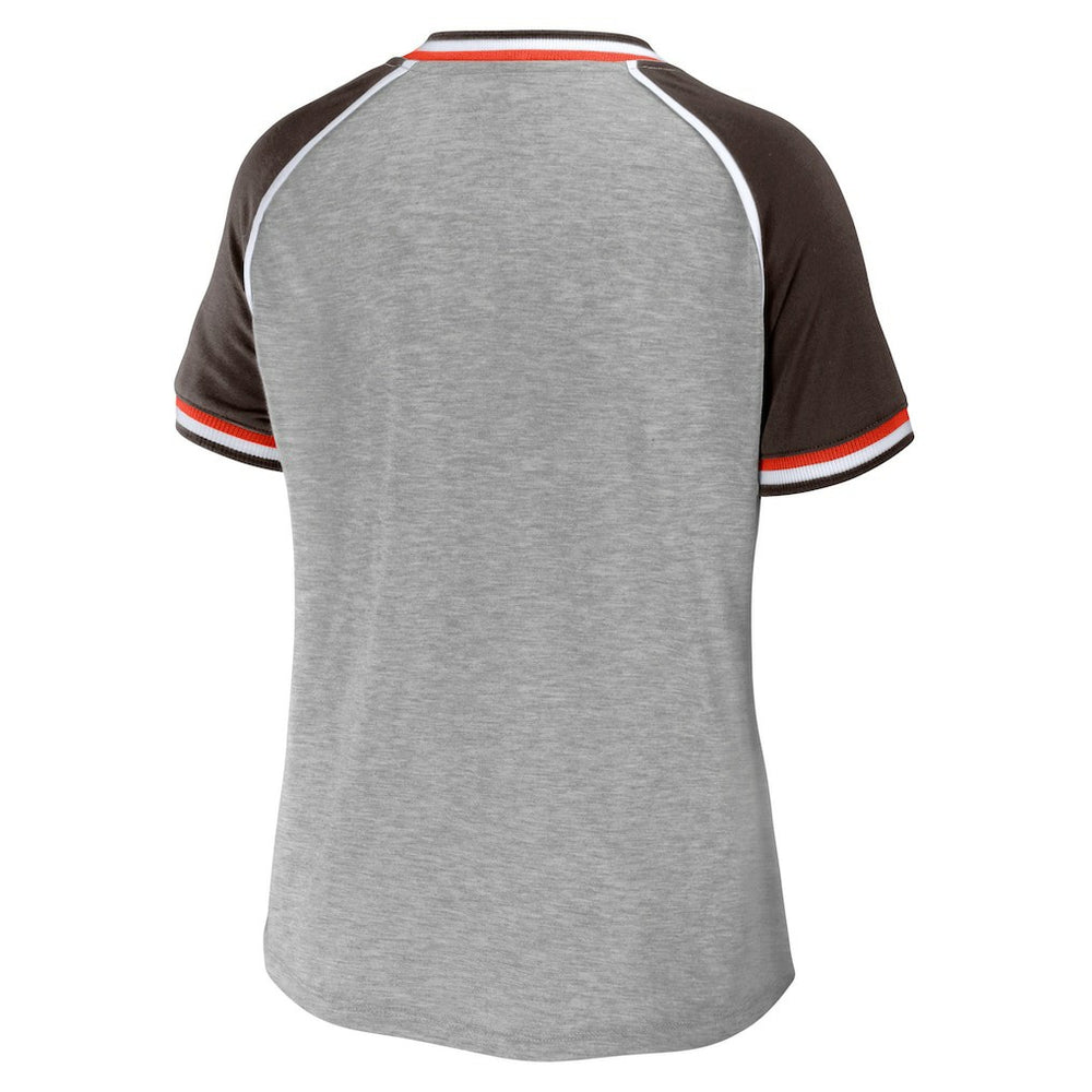 Cleveland Browns WEAR by Erin Andrews Women's Cropped Raglan Throwback V-Neck T-Shirt - Heather Gray - NFL