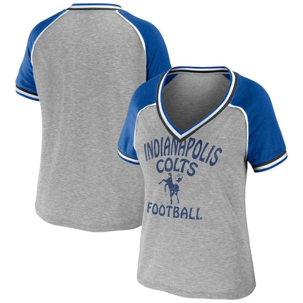 Indianapolis Colts WEAR by Erin Andrews Women's Cropped Raglan Throwback V-Neck T-Shirt - Heather Gray - NFL