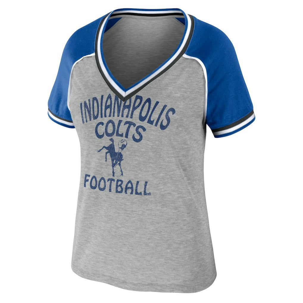 Indianapolis Colts WEAR by Erin Andrews Women's Cropped Raglan Throwback V-Neck T-Shirt - Heather Gray - NFL